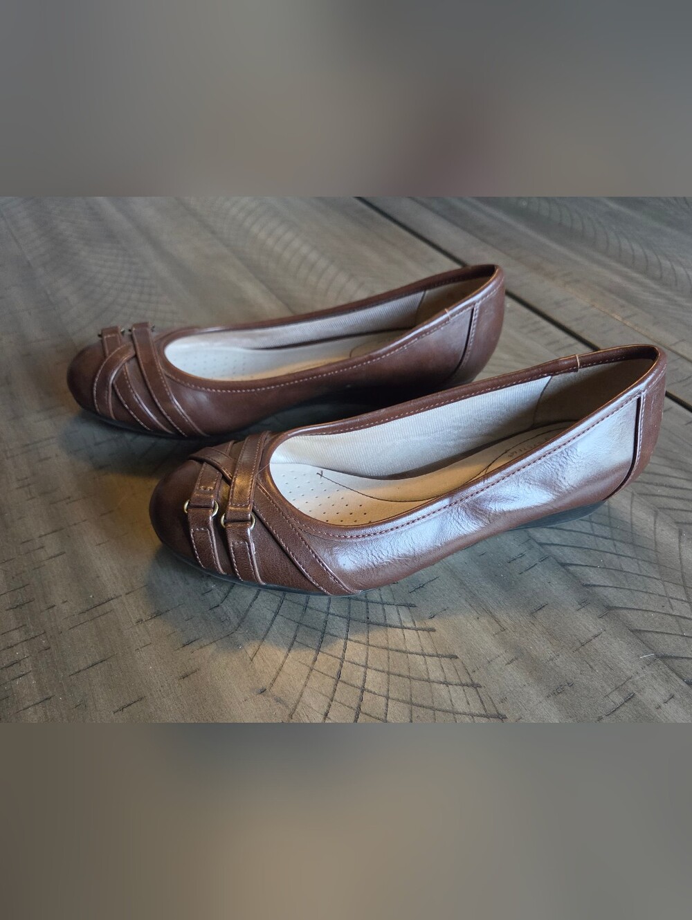 Life Stride Brown Leather-Look Buckle Ballet Flats